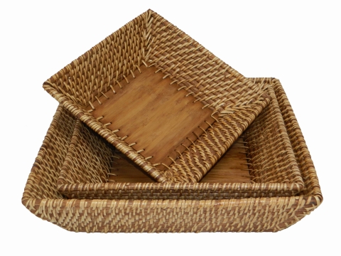3pc square rattan bowl with bamboo bottom