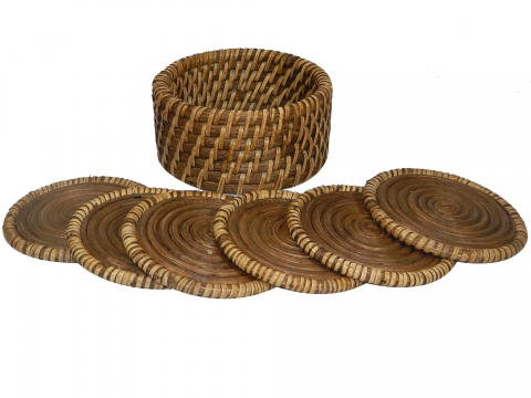 Round rattan coaster set honey