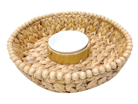 Water hyacinth dip and chip tray with wooden beads