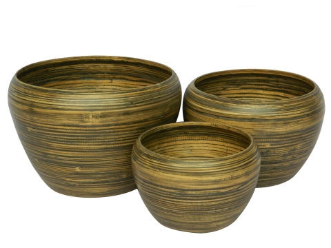 set of 3 pcs -  round spun bamboo planters  - antique black