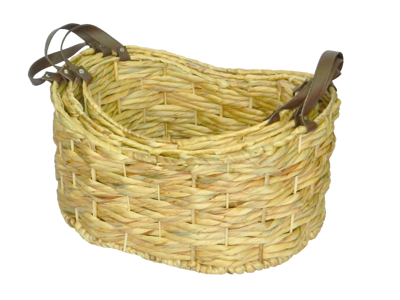 Oval water hyacinth storages with leather handles