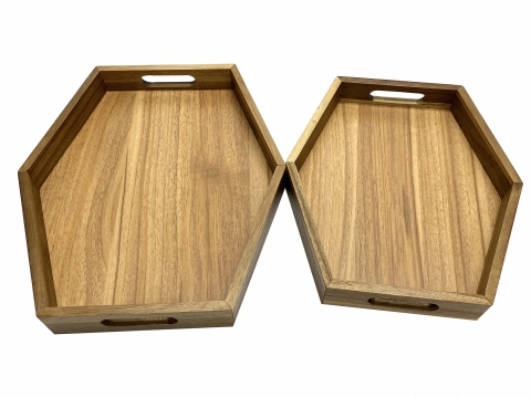 Hexangle acacia serving tray, set of 2 pcs