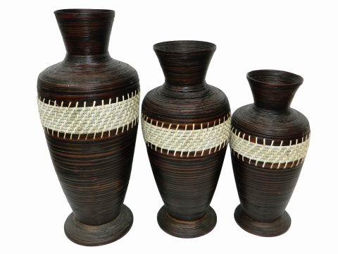 3pc decor vase with rope brown washed